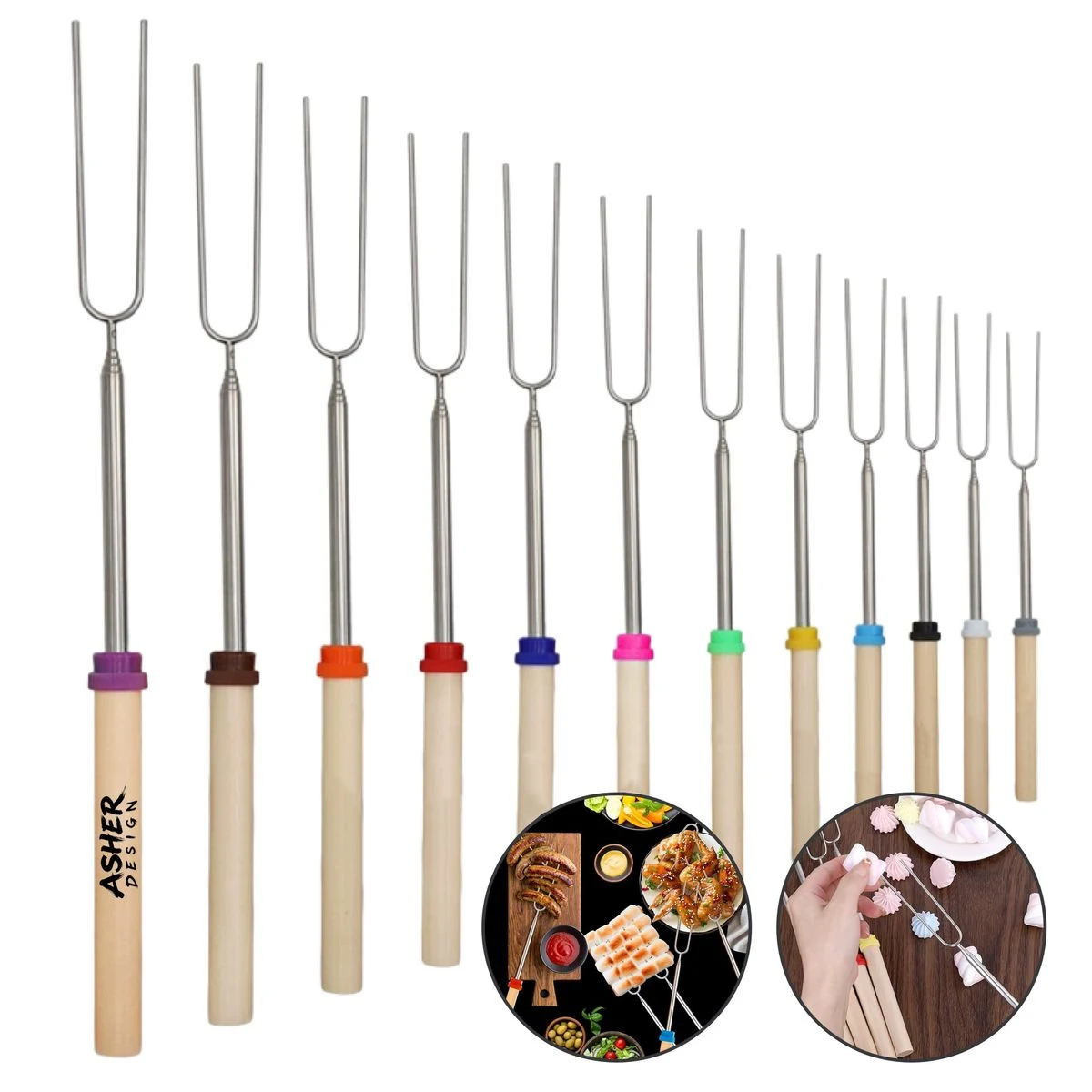 32" Telescopic Roasting Forks, Wood Handle 1