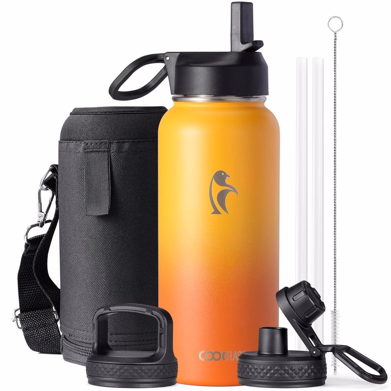 Water Bottle 32oz Insulated with Straw,Coolflask Stainless Steel Metal 3 Lids Water Flask Wide Mouth