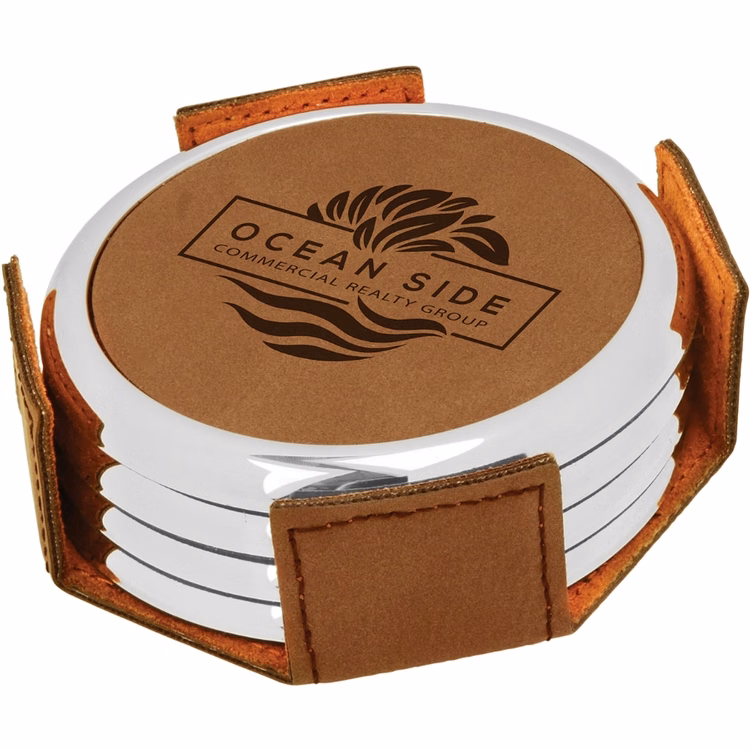 Dark Brown Leatherette Round Coaster Set of Four
