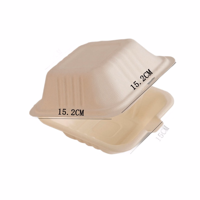Disposable Sugarcane Pulp Clamshell Food Container (6-inch Burger Box)
