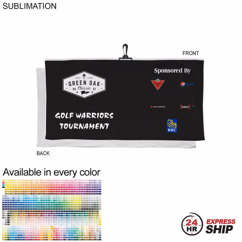 24 Hr Express Ship - Oversized Golf Towel in Soft Velour Terry, 24x48, with Black Hook, Sublimated