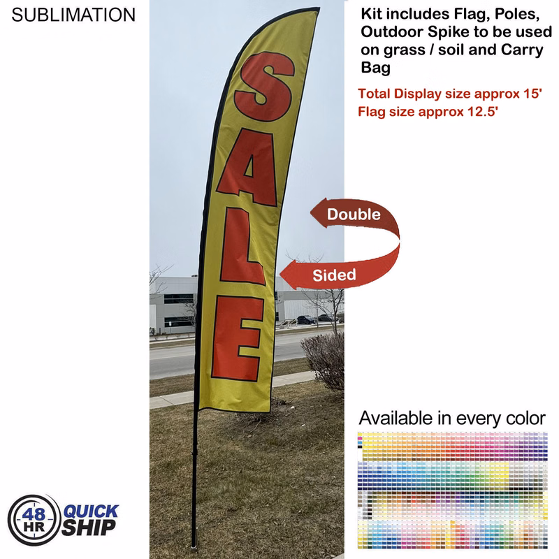 48 Hr Quick Ship - 15' Large Feather Flag Kit, Full Color Graphics Double Sided, Spike and Bag.