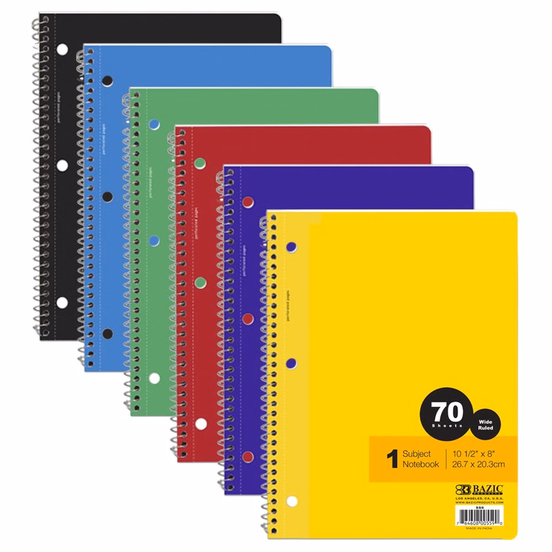 1 Subject Spiral Notebooks - Wide Ruled 70 Sheets