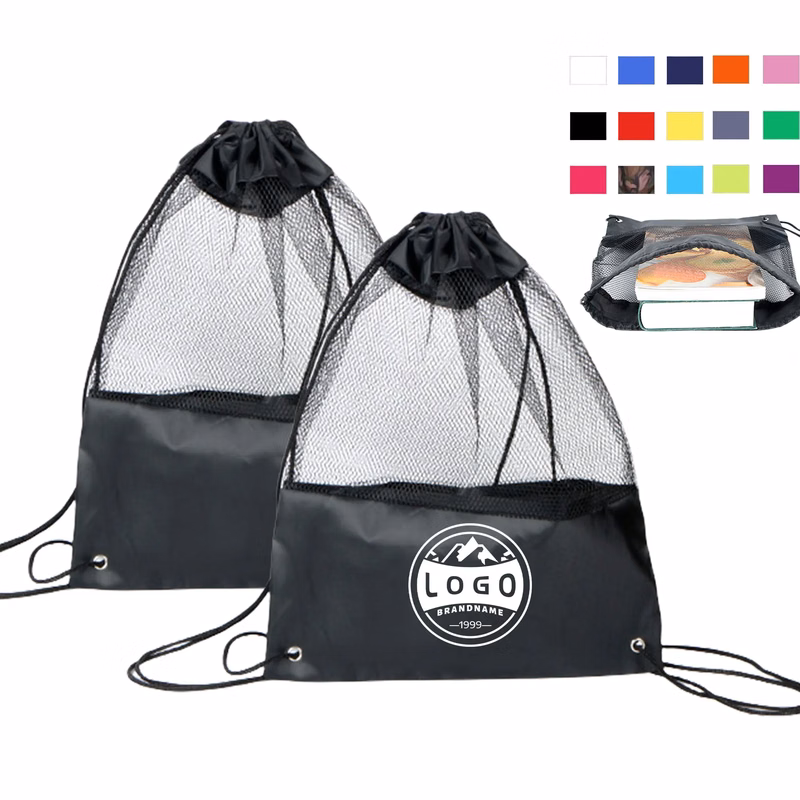 MOQ100 Mesh Polyester Panels Drawstring Bag