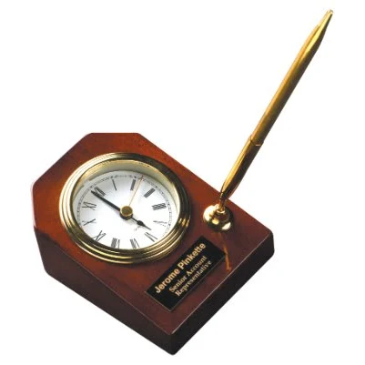3 5/8" x 4 3/4" Rosewood/Gold Piano Finish Desk Clock with Pen 1