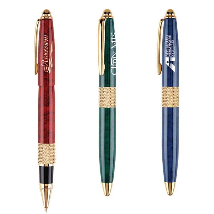 Marble Colored Rollerball Cap-Off Brass Pen 1
