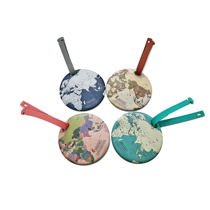 Custom Round World Map Printed PVC Luggage Tag with Strap 1