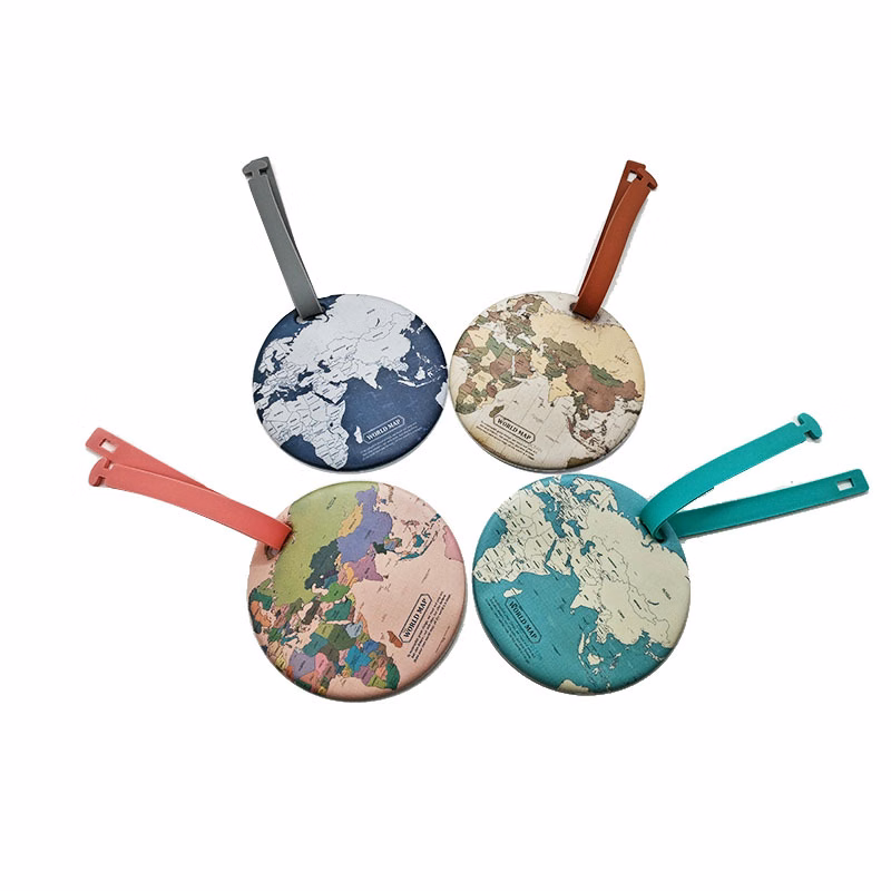 Custom Round World Map Printed PVC Luggage Tag with Strap