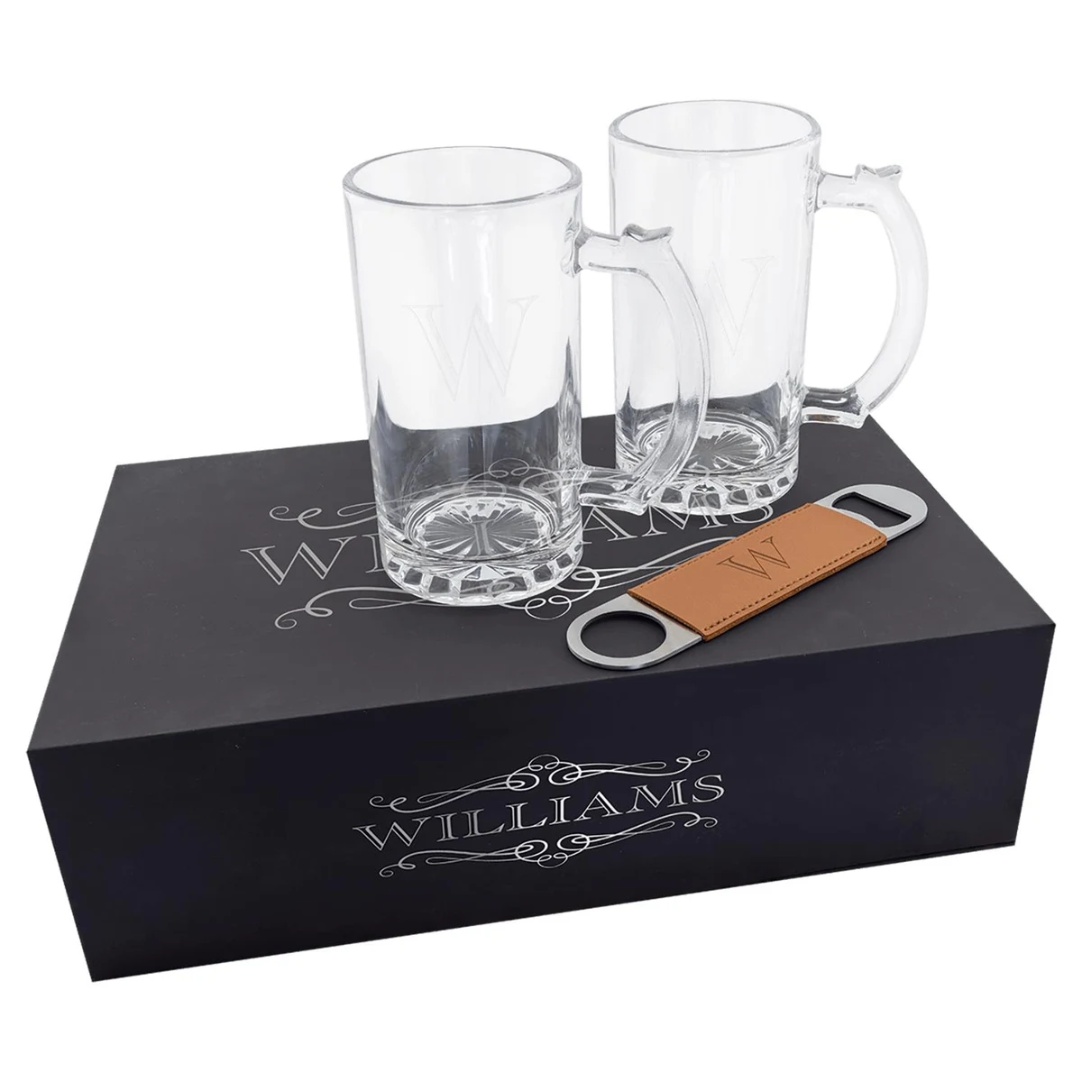 Lazerburst Beer Set with Two 14 oz. Mugs and One Rawhide Laserable Leatherette Bottle Opener 1