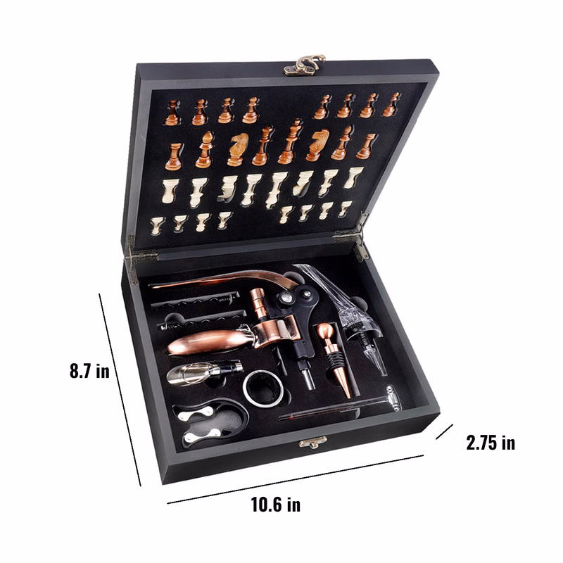 Black Wooden Box Wine Accessories W/ Chess Set