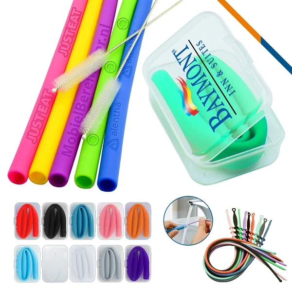 Custom Silicone Reusable Straws 10 Inch + Carrying Case — Full-Color Eco Promo 1