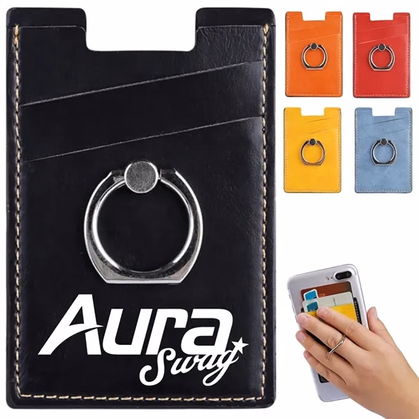 Custom PU Leather Phone Card Holder with Metal Ring Grip & Stand — Tech