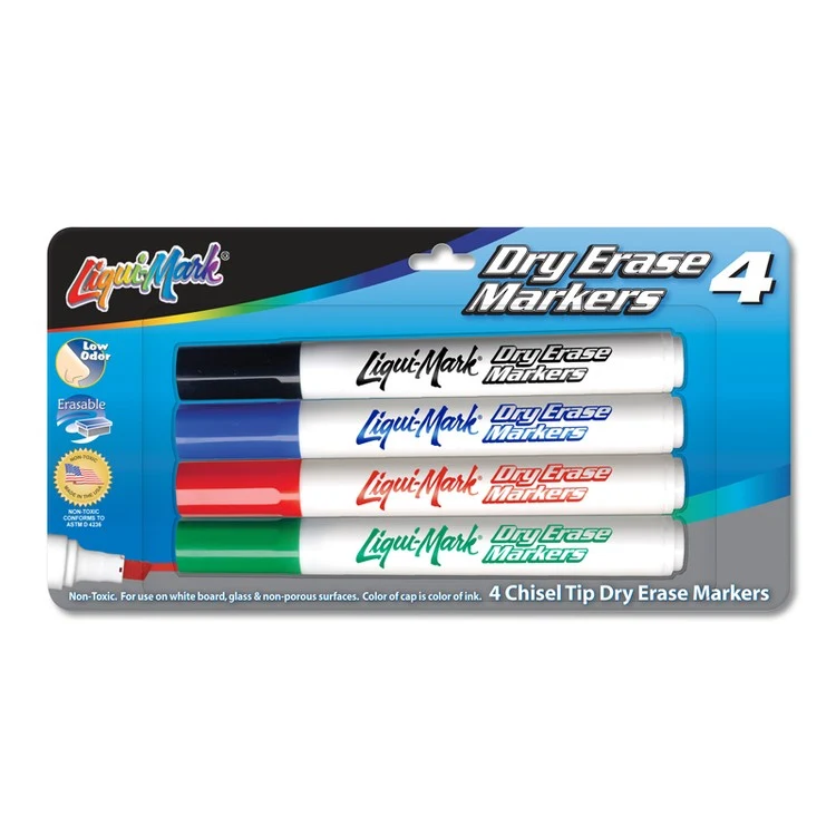 4 Pack Dry Erase, Low Odor, Chisel Tip Markers - Assorted - USA Union Made 1