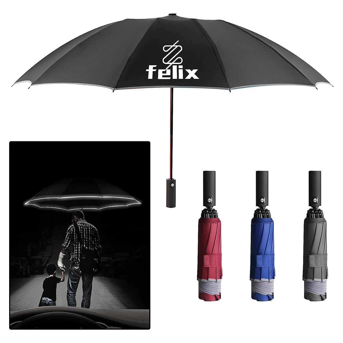 Reverse Automatic Open Umbrella With Reflective Stripe 1