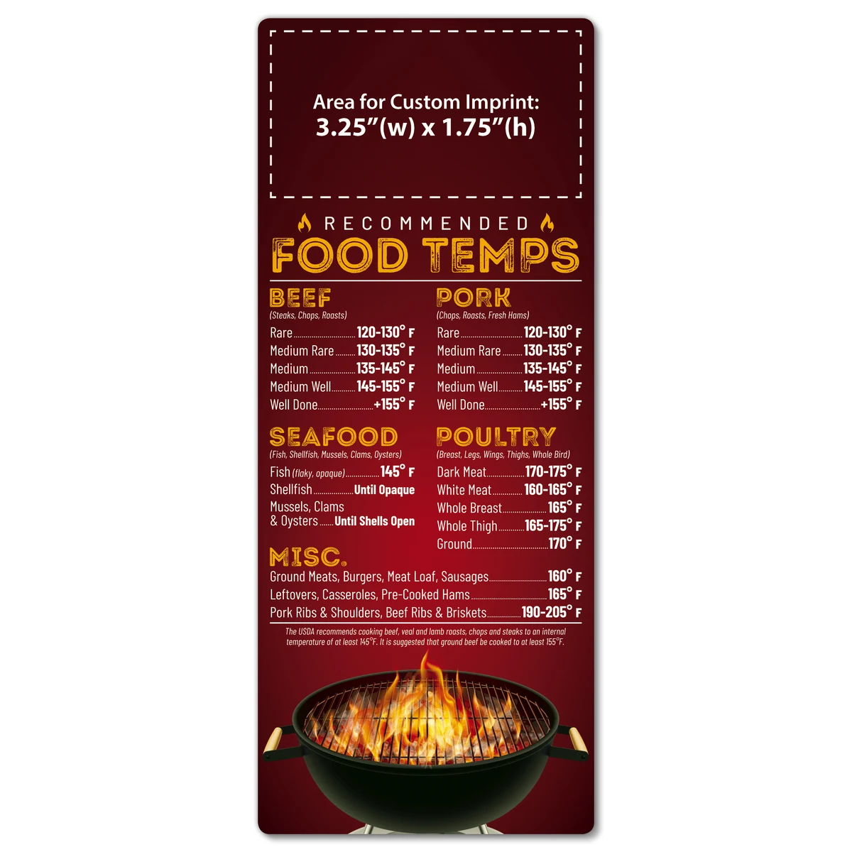 Magnet - 3.5x8.5 Recommended Food Temps - Round Corners - 30 mil. 1