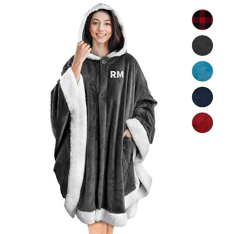 Poncho Hooded Blanket Wrap With Pockets Sherpa Fleece 1