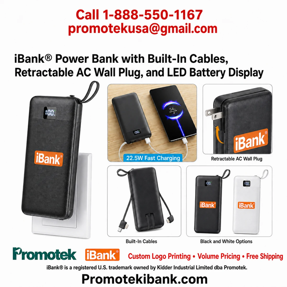 iBank ® Power Bank with Built-In Cables, Retractable AC Wall Plug, and LED Battery Display, 10000mAh 1