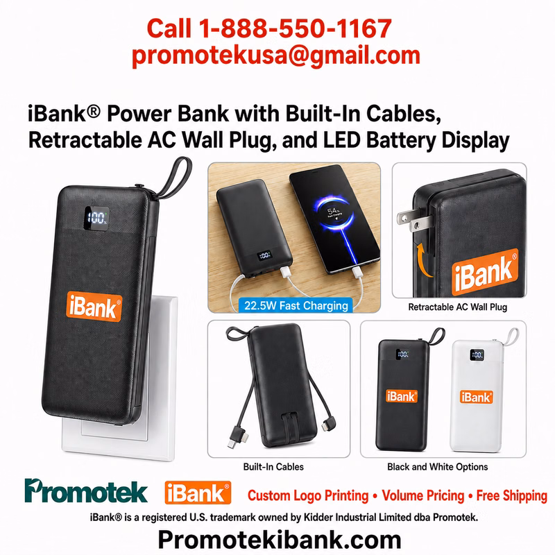 iBank ® Power Bank with Built-In Cables, Retractable AC Wall Plug, and LED Battery Display, 10000mAh