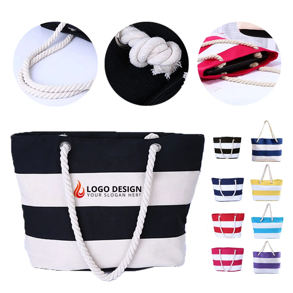 Striped Canvas Tote Bag with Rope Handles, custom tote bag with logo imprint 1