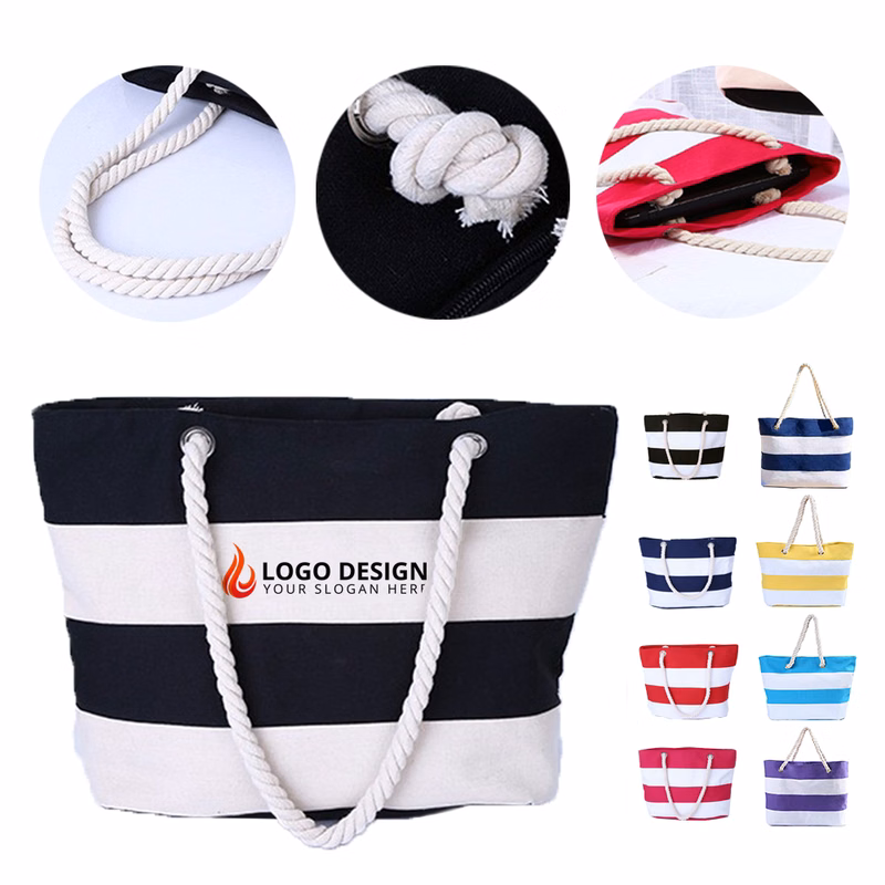 Striped Canvas Tote Bag with Rope Handles