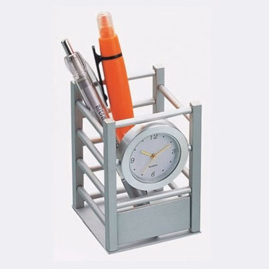 Aluminum Clock w/ Crate Design Pen Holder