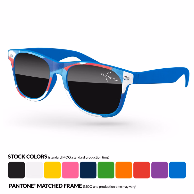 Retro Sunglasses w/ 1 Color Temple Imprint & Front Frame Heat Transfer
