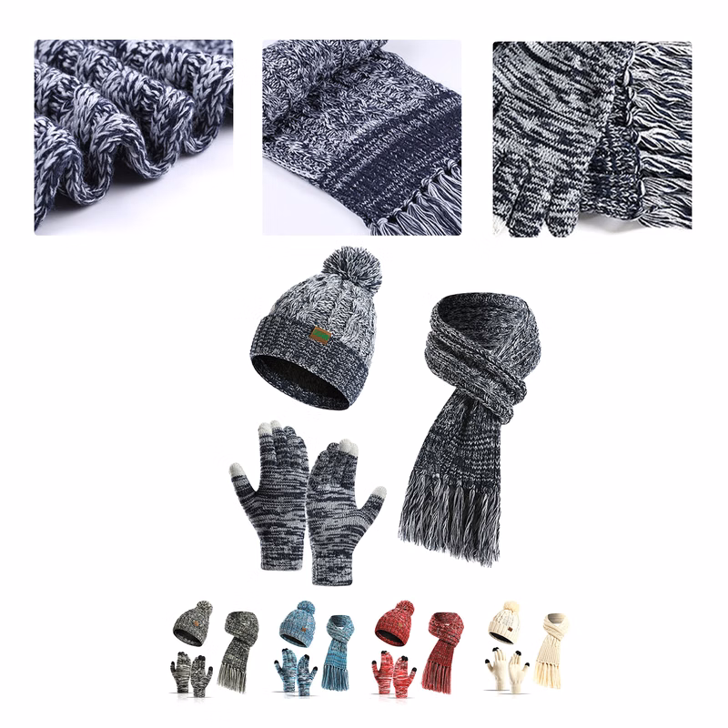 MOQ50 Custom Winter Knit Hat Scarf Touchscreen Gloves Set