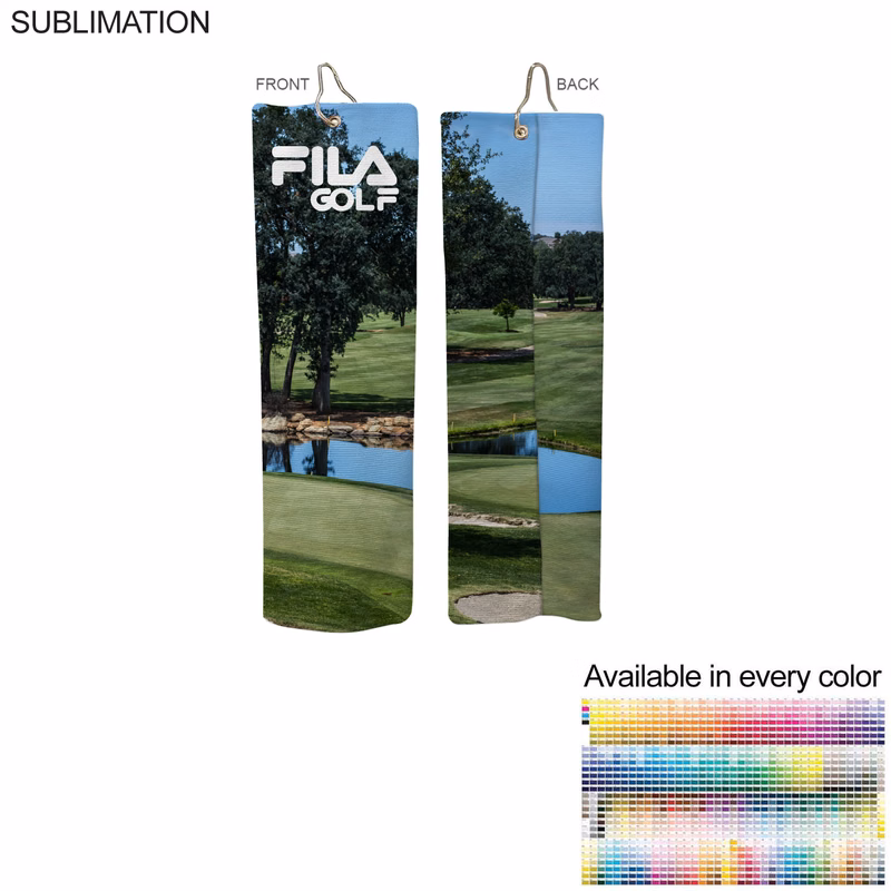 Microfiber Suede Shammy Golf Towel, Finished size 5x18, Trifold Grommet & Hook, Sublimated