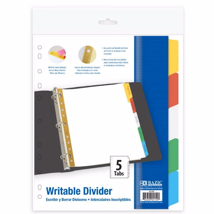Writable Paper Dividers - 5 Count Assorted Color Tabs