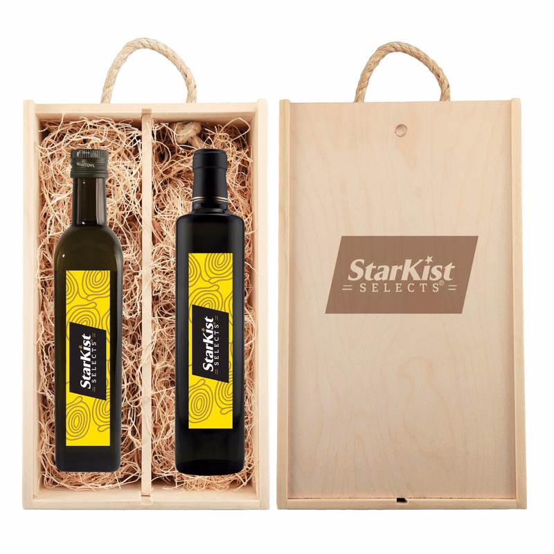 Rustic Laser Engraved Wood Box with Full Color Custom LabeledBalsamic Vinegar & Olive Oil