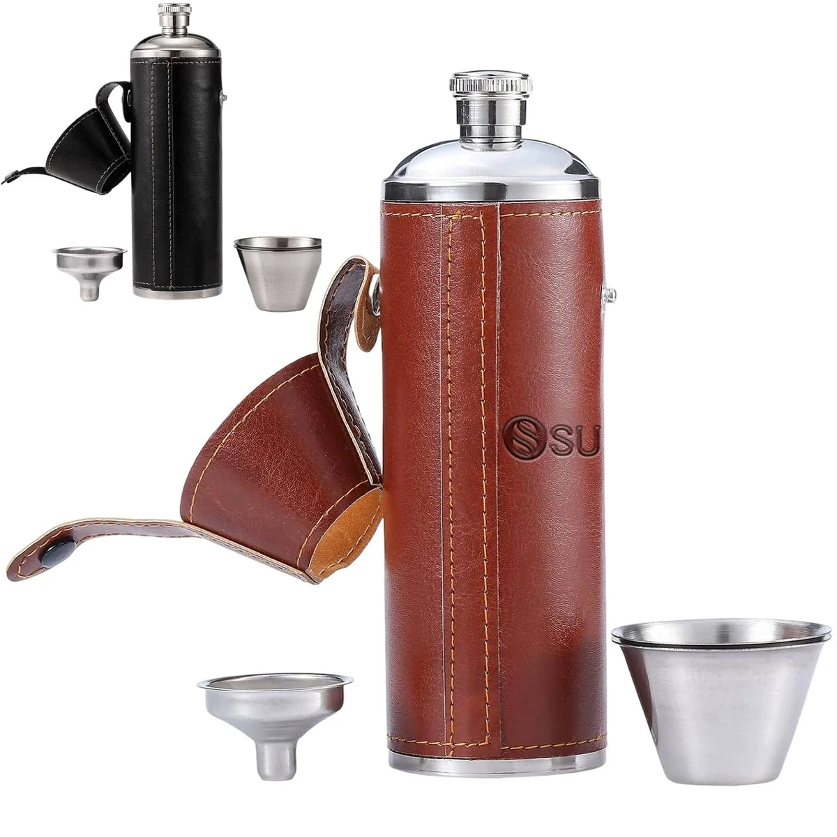 8oz PU Leather Wrapped Stainless Steel Flask w/ 2 Cups, custom water bottle with logo imprint 1