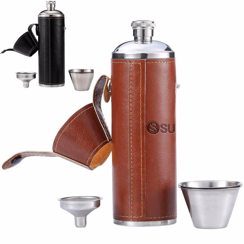 8oz PU Leather Wrapped Stainless Steel Flask w/ 2 Cups