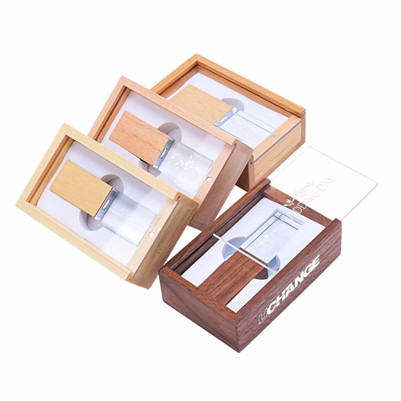 Crystal USB Flash Drive With LED And Wood Cap
