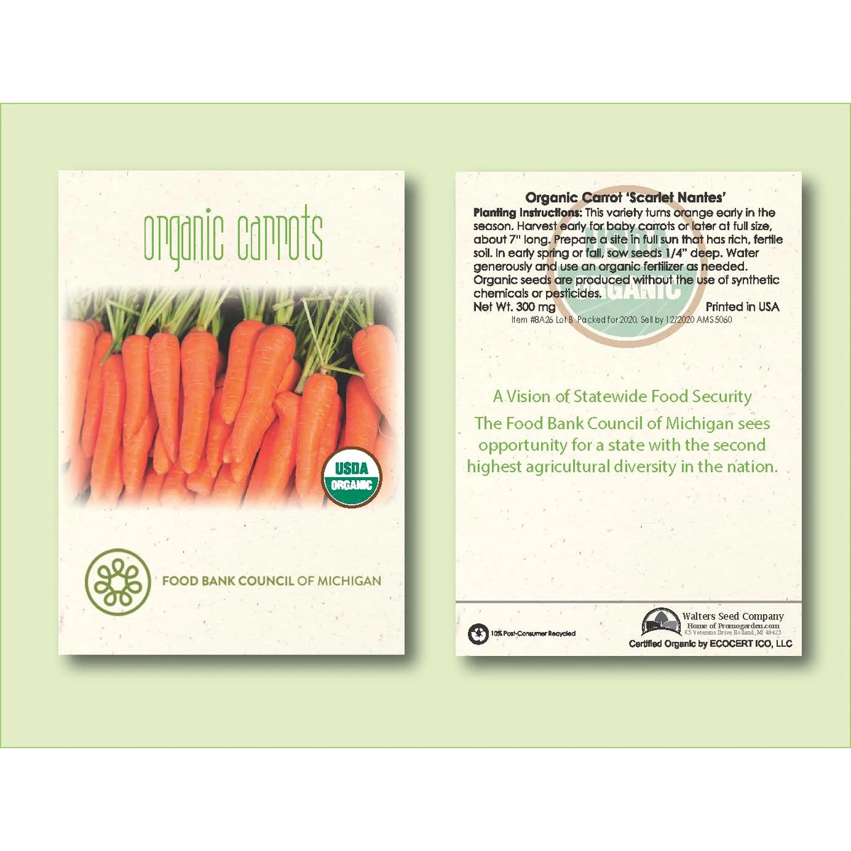 Organic Carrot 'Scarlet Nantes' Seed Packet -Standard Size 3.25" x 4.5" 1