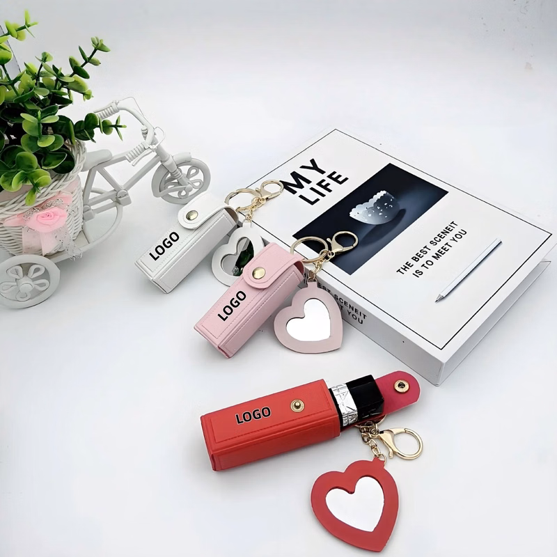 Leather Lip Balm Keychain Mirror Holder