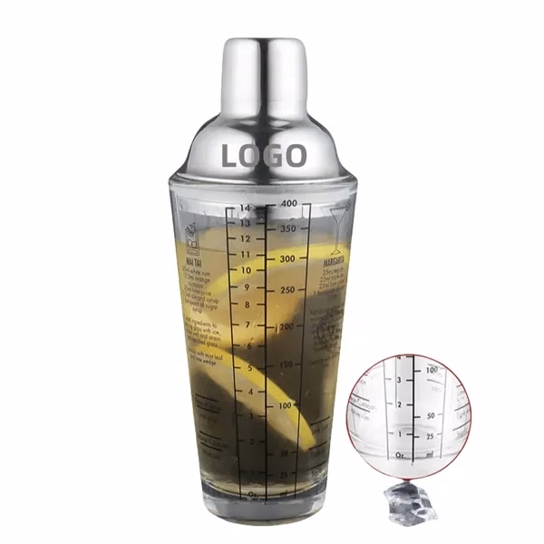 Custom 13.52 oz Glass Shaker with Silicone Seal & Dual Measuring Scales — Barware Promo