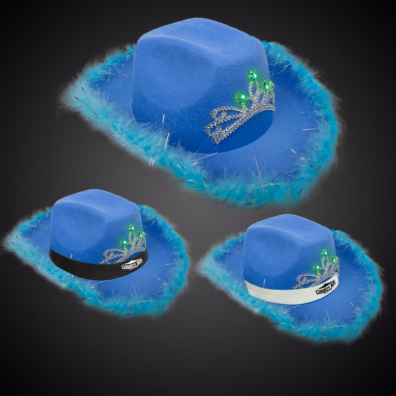 Blue Light Up Cowboy Hat w/ Tiara and Feather(Blank)