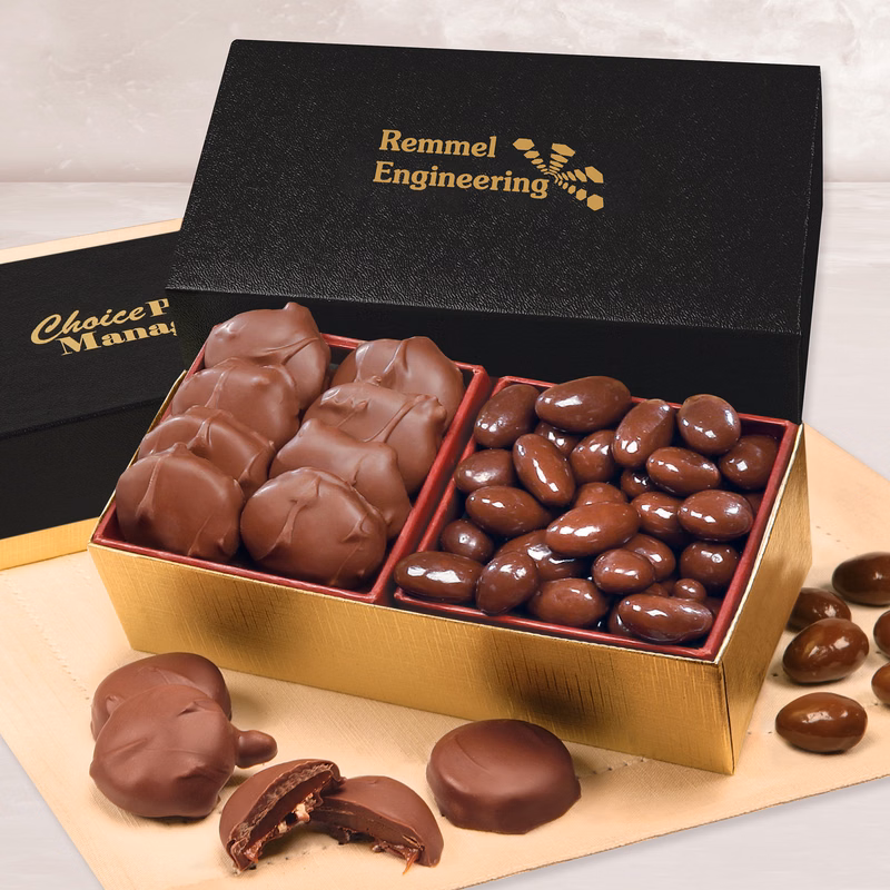 Caramel Pecan Clusters & Chocolate Almonds in Black & Gold Gift Box