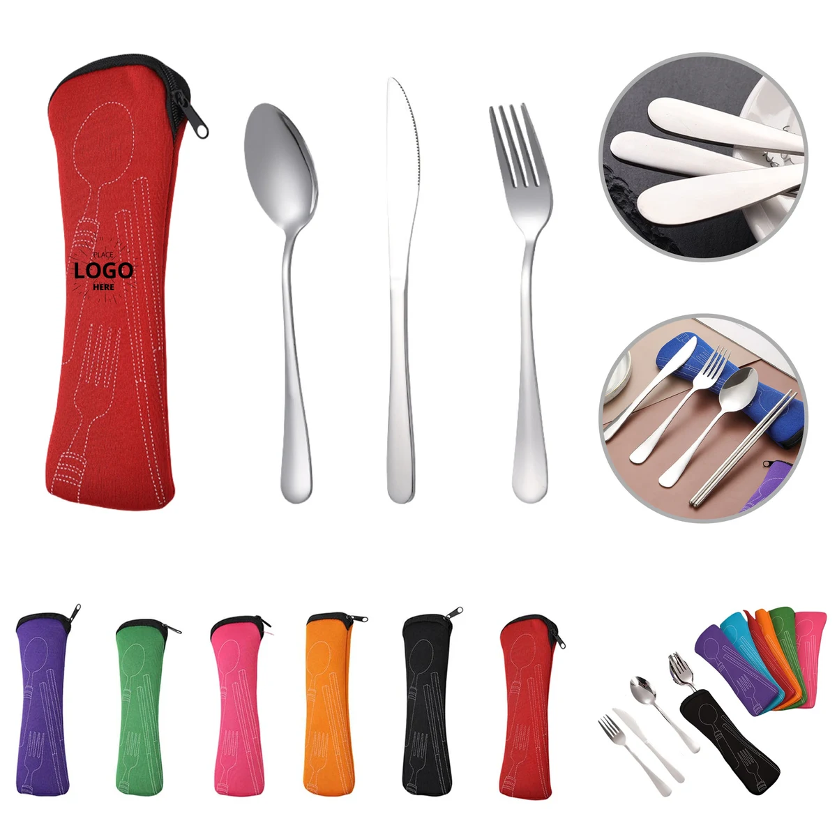 Stainless Steel Travel Utensil Set in Zipper Neoprene Pouch 1