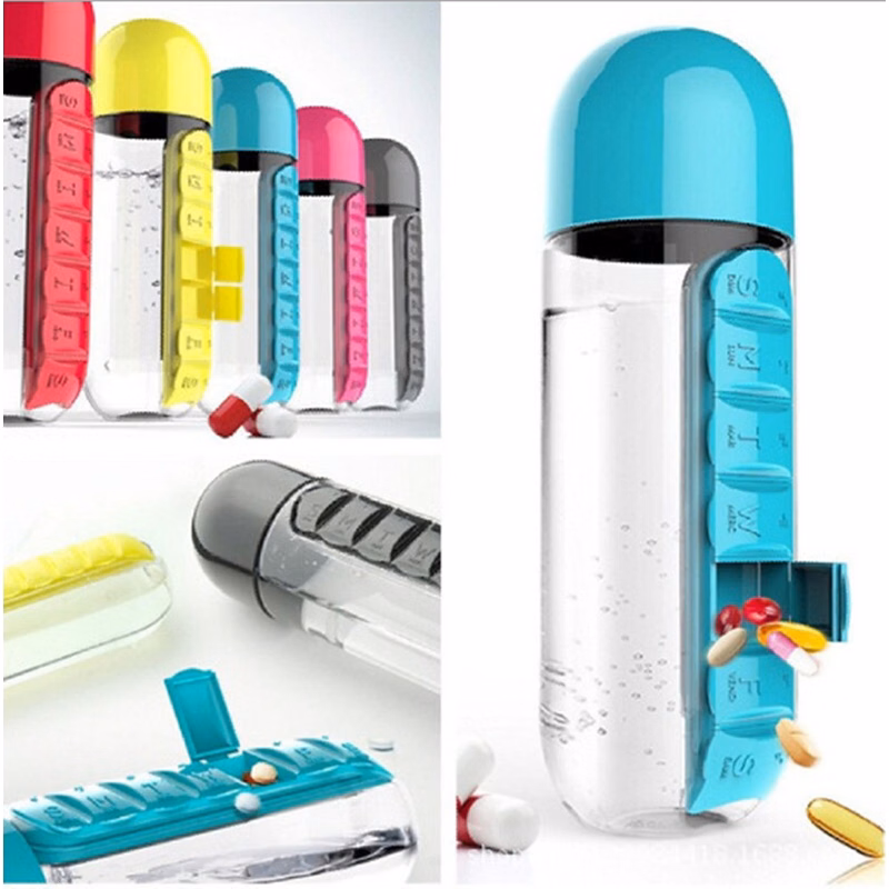 20oz/7 Day Pill Box Organizer with Water Bottle Weekly Dispensers Reminders