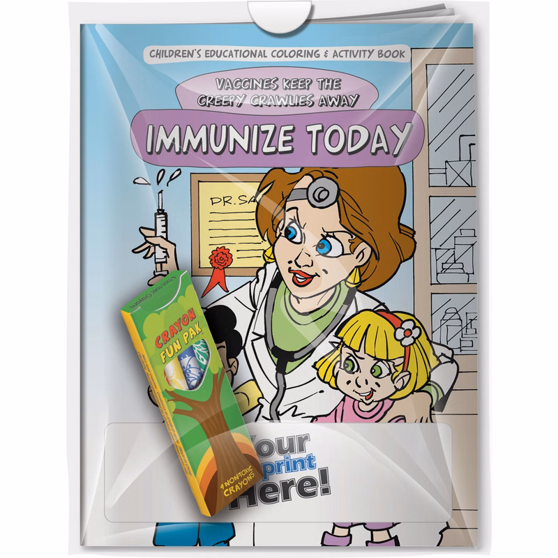 Combo Pack - CB1080 Coloring Book & 4-Pack of Crayons (Imprinted) in a Poly Bag