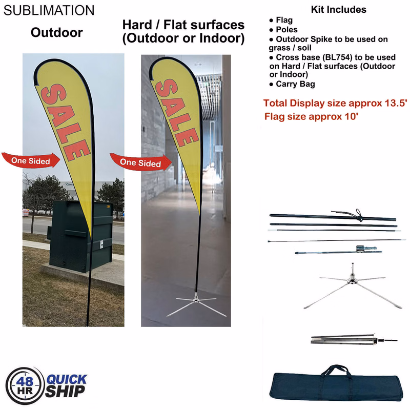 48Hr Quick - 13.5' Large Tear Drop Flag Kit, Full Color Graphics One Side, Outdoor & Indoor bases