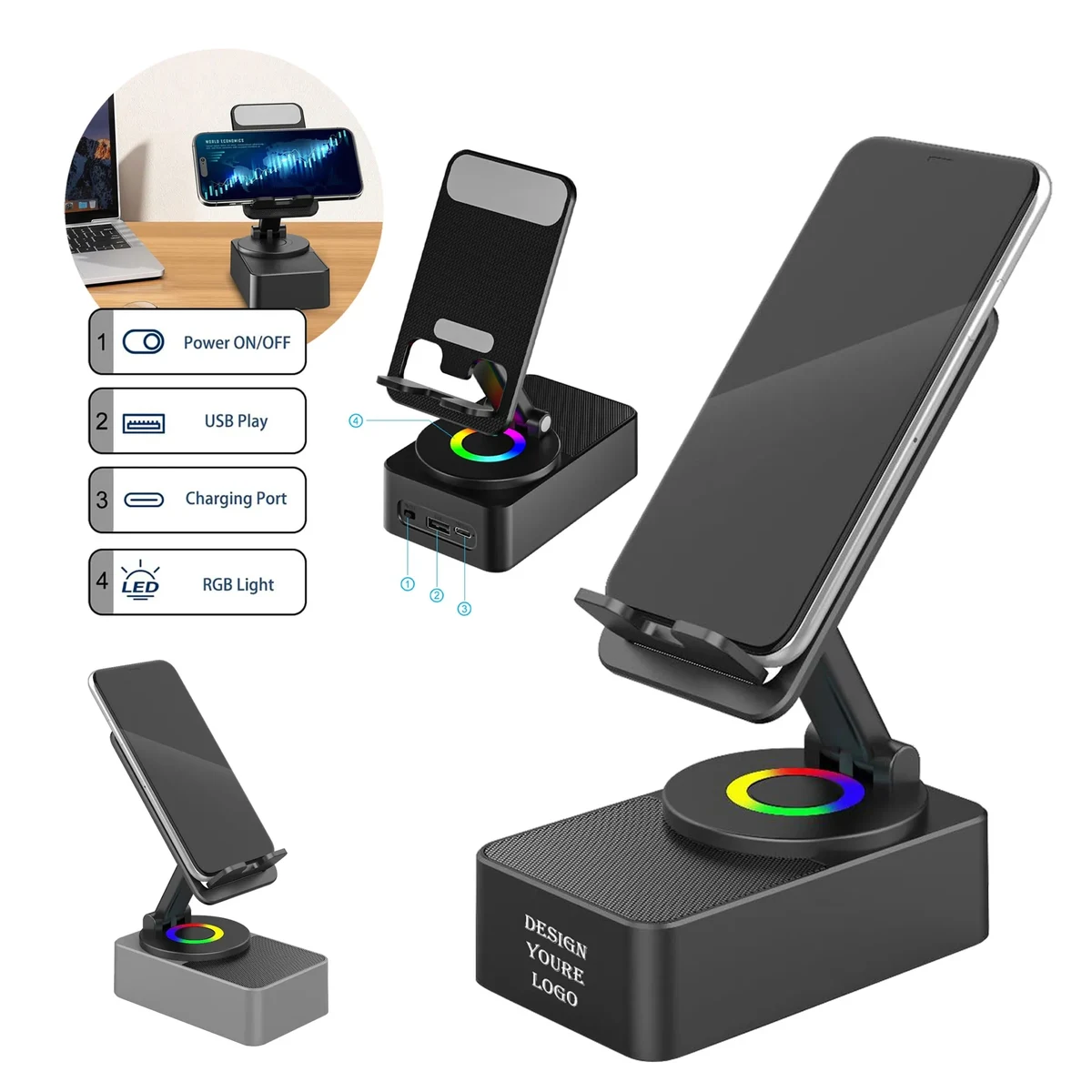 LED Phone Holder with Wireless Bluetooth Speaker 1
