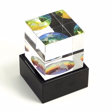 Crystal Etched World Globe Cube on Black Marble Base