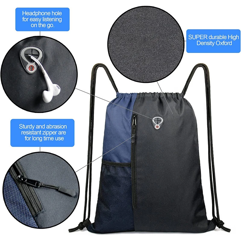 Drawstring Backpack with Zipper and Mesh Pockets 1