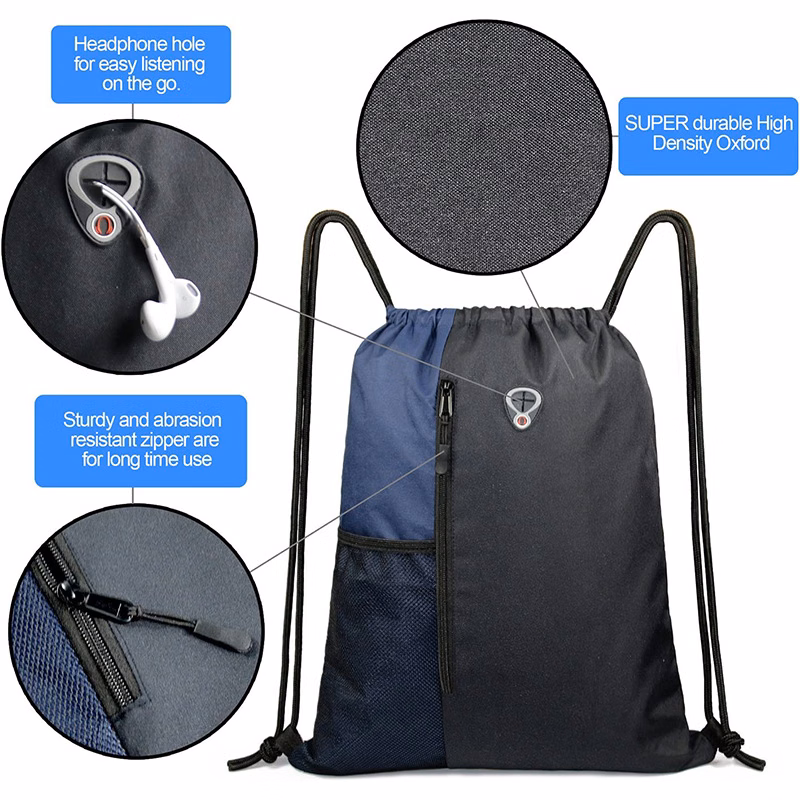 Drawstring Backpack with Zipper and Mesh Pockets