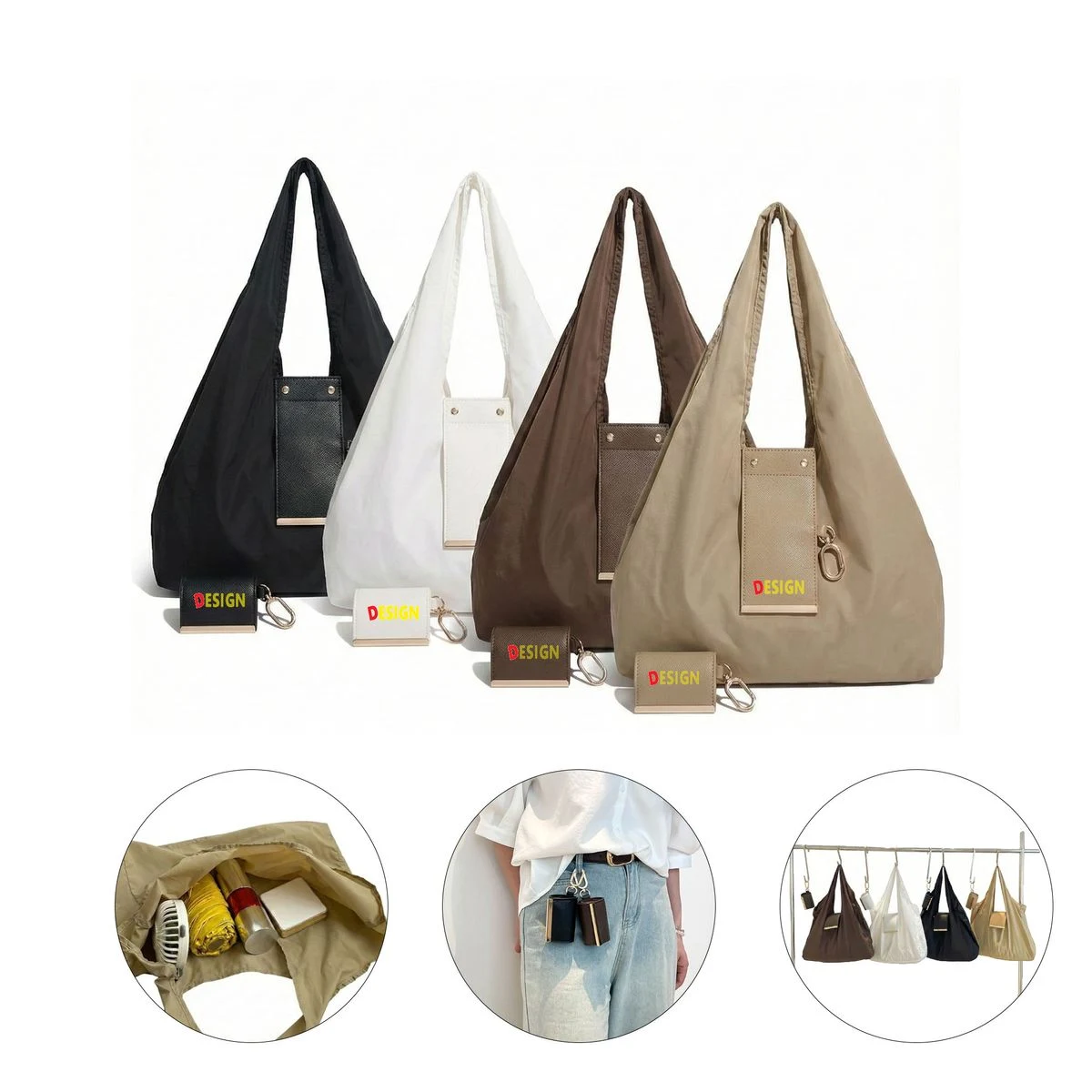 Foldable Nylon Shopping Bag With PU Leather Pouch, custom tote bag with logo imprint 1