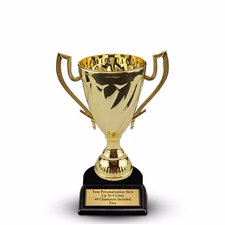 Cup Trophy: 9", black plastic slant Front bas