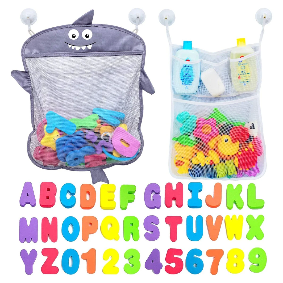Baby Bath Toy Organizer Shark 36 Bath Letters & Numbers Extra Bath Toy Storage Net 10 Strong Hooks 1