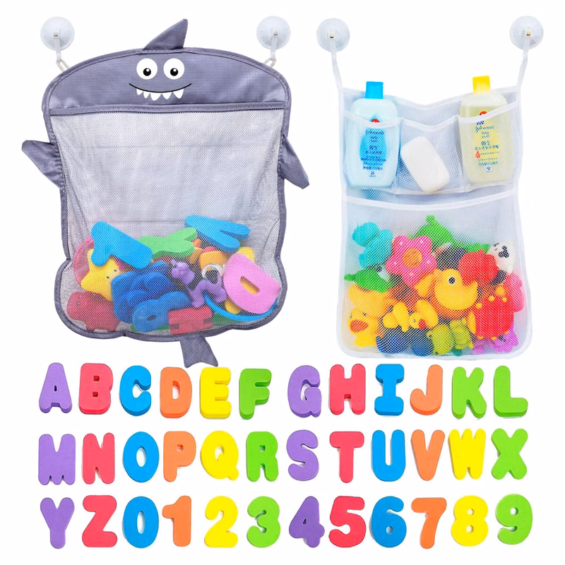 Baby Bath Toy Organizer Shark 36 Bath Letters & Numbers Extra Bath Toy Storage Net 10 Strong Hooks